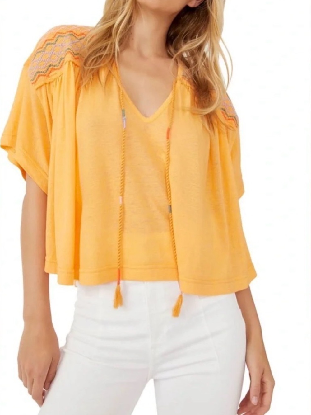 Free People Sunny Embroidered Shoulder V-Neck Tunic - Yellow Orange